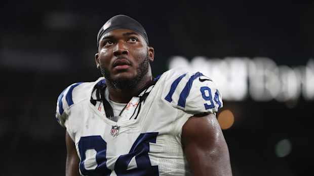 Indianapolis Colts defensive end Tyquan Lewis (94) walks off the field Monday, Oct. 11, 2021, after a Colts 25-31 loss against Baltimore at M&T Bank Stadium for Monday Night Football. 101121 Colts 046 Jw